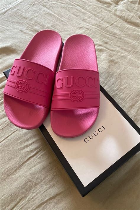 gucci rubber slides green red|hot pink Gucci slides.